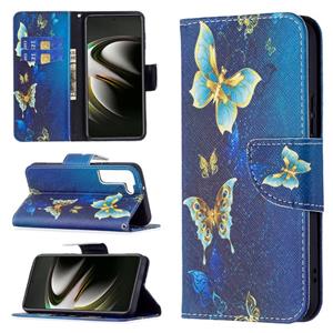 huismerk Voor Samsung Galaxy S22 5G Gekleurde Tekening Patroon Horizontale Flip Phone Lederen Case met Houder & Kaart Slots & Portemonnee (Gouden Vlinder)