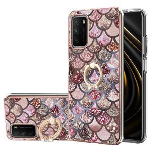 huismerk Voor Xiaomi POCO M3 / Redmi Note 9 4G / Redmi 9 Power / Redmi 9T Electroplating Pattern IMD TPU Shockproof Case met Rhinestone Ringhouder (roze schale