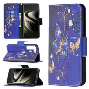 huismerk Voor Samsung Galaxy S22 5G Gekleurde Tekening Patroon Horizontale Flip Phone Lederen Case met Houder & Card Slots & Portemonnee (Purple Butterfly)