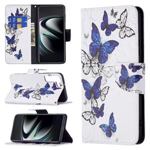 huismerk Voor Samsung Galaxy S22 + 5G Gekleurde Tekening Patroon Horizontale Flip Phone Lederen Case met Houder & Card Slots & Wallet (Blue Butterflies)