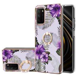 huismerk Voor Xiaomi Poco M3 / Redmi Note 9 4G / Redmi 9 Power / Redmi 9T Galvaniseren Patroon IMD TPU Schokdichte Case met Rhinestone Ringhouder (Purple Flowe