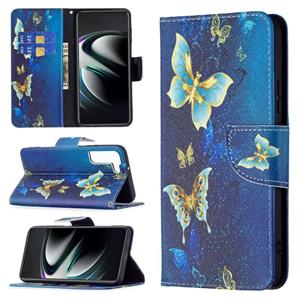 huismerk Voor Samsung Galaxy S22 + 5G Gekleurde Tekening Patroon Horizontale Flip Phone Lederen Case met Houder & Card Slots & Portemonnee (Gouden Vlinder)