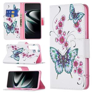 huismerk Voor Samsung Galaxy S22 + 5G Gekleurde Tekening Patroon Horizontale Flip Telefoon Lederen Case met Houder & Card Slots & Wallet (Peach Blossom Butterf