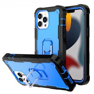 huismerk PC + Rubber 3-lagen schokbestendige beschermhoes met roterende houder voor iPhone 13 pro max (zwart + blauw)