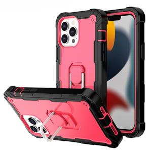 huismerk PC + Rubber 3-lagen schokbestendige beschermhoes met roterende houder voor iPhone 13 pro max (zwart + rose rood)