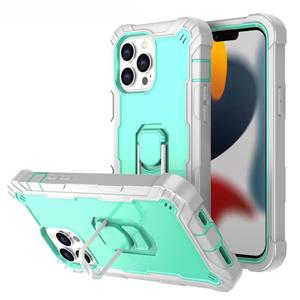 huismerk PC + Rubber 3-lagen schokbestendige beschermhoes met roterende houder voor iPhone 13 pro max (grijs wit + mint groen)