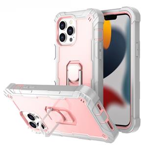 huismerk PC + Rubber 3-lagen schokbestendige beschermhoes met roterende houder voor iPhone 13 pro max (grijs wit + rose goud)