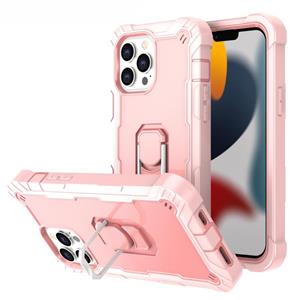 huismerk PC + Rubber 3-lagen schokbestendige beschermhoes met roterende houder voor iPhone 13 pro max (rose goud)