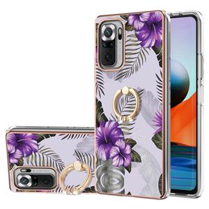 huismerk Voor Xiaomi Redmi Note 10 Pro / 10 Pro Max Electroplating Pattern IMD TPU Shockproof Case met Rhinestone Ringhouder (Purple Flower)