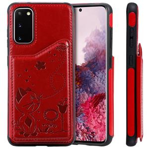 huismerk Voor Galaxy S20 Cat Bee Embossing Pattern Shockproof Protective Case met Card Slots & Photo Frame(Red)