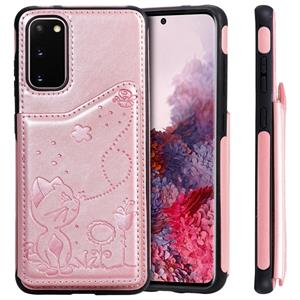 huismerk Voor Galaxy S20 Cat Bee Embossing Pattern Shockproof Protective Case met card slots & photo frame(Rose Gold)