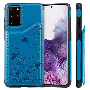 huismerk Voor Galaxy S20 Plus Cat Bee Embossing Pattern Shockproof Protective Case met Card Slots & Photo Frame(Blauw)