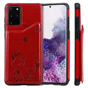 huismerk Voor Galaxy S20 Plus Cat Bee Embossing Pattern Shockproof Protective Case met Card Slots & Photo Frame(Red)