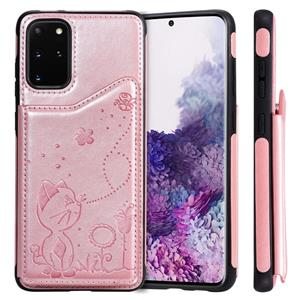 huismerk Voor Galaxy S20 Plus Cat Bee Embossing Pattern Shockproof Protective Case met card slots & Photo Frame(Rose Gold)