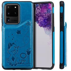 huismerk Voor Galaxy S20 Ultra Cat Bee Embossing Pattern Shockproof Protective Case met Card Slots & Photo Frame(Blauw)