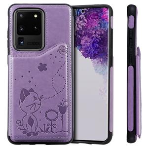 huismerk Voor Galaxy S20 Ultra Cat Bee Embossing Pattern Shockproof Protective Case met Card Slots & Photo Frame(Purple)