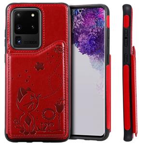 huismerk Voor Galaxy S20 Ultra Cat Bee Embossing Pattern Shockproof Protective Case met Card Slots & Photo Frame(Red)