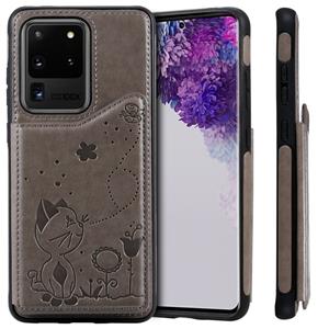 huismerk Voor Galaxy S20 Ultra Cat Bee Embossing Pattern Shockproof Protective Case met Card Slots & Photo Frame(Grey)