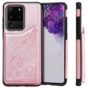 huismerk Voor Galaxy S20 Ultra Cat Bee Embossing Pattern Shockproof Protective Case met card slots & photo frame(Rose Gold)