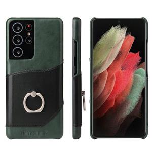 fierreshann Voor Samsung Galaxy S21 5G Fierre Shann Oil Wax Texture Genuine Leather Back Cover Case met 360 Graden Rotatiehouder & Kaartsleuf (Zwart)