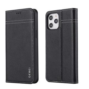 GEBEI Top-grain Leather Horizontale Flip Beschermhoes met houder & kaartslots voor iPhone 12 mini(Zwart)