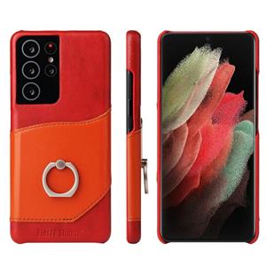 fierreshann Voor Samsung Galaxy S21 5G Fierre Shann Oil Wax Texture Genuine Leather Back Cover Case met 360 Graden Rotatiehouder & Kaartsleuf (Rood)