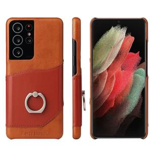 fierreshann Voor Samsung Galaxy S21 5G Fierre Shann Oil Wax Texture Genuine Leather Back Cover Case met 360 Graden Rotatiehouder & Kaartsleuf (Bruin)