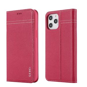 GEBEI Top-grain Leather Horizontale Flip Beschermhoes met houder & kaartslots voor iPhone 12 mini(Rose Red)