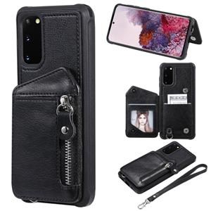 huismerk Voor Galaxy S20 Zipper Double Buckle Shockproof Protective Case met Stand & Photo Holder & Wallet Function(Black)