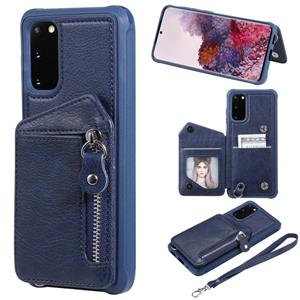 huismerk Voor Galaxy S20 Zipper Double Buckle Shockproof Protective Case met Stand & Photo Holder & Wallet Function(Blue)