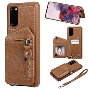 huismerk Voor Galaxy S20 Zipper Double Buckle Shockproof Protective Case met Stand & Photo Holder & Wallet-functie(Koffie)