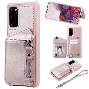 huismerk Voor Galaxy S20 Zipper Double Buckle Shockproof Protective Case met Stand & Photo Holder & Wallet-functie(Rose Gold)