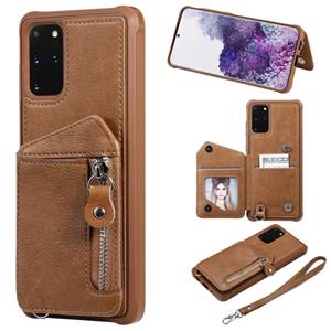 huismerk Voor Galaxy S20+ Zipper Double Buckle Shockproof Protective Case met Stand & Photo Holder & Wallet Functie(Koffie)