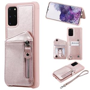 huismerk Voor Galaxy S20+ Zipper Double Buckle Shockproof Protective Case met Stand & Photo Holder & Wallet Function(Rose Gold)