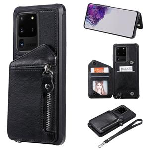 huismerk Voor Galaxy S20 Ultra Zipper Double Buckle Shockproof Protective Case met Stand & Photo Holder & Wallet Function(Black)