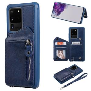 huismerk Voor Galaxy S20 Ultra Zipper Double Buckle Shockproof Protective Case met Stand & Photo Holder & Wallet Function(Blue)