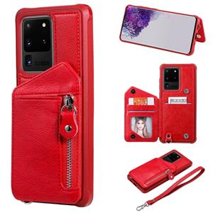 huismerk Voor Galaxy S20 Ultra Zipper Double Buckle Shockproof Protective Case met Stand & Photo Holder & Wallet Function(Red)