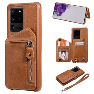 huismerk Voor Galaxy S20 Ultra Zipper Double Buckle Shockproof Protective Case met Stand & Photo Holder & Wallet-functie(Koffie)