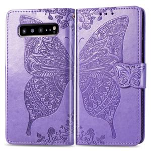 huismerk Butterfly Love bloemen reliëf horizontale Flip lederen case voor Galaxy S10 5G met houder & kaartsleuven & portemonnee & Lanyard (licht paars)