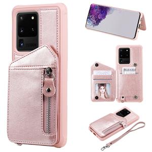 huismerk Voor Galaxy S20 Ultra Zipper Double Buckle Shockproof Protective Case met Stand & Photo Holder & Wallet Function(Rose Gold)