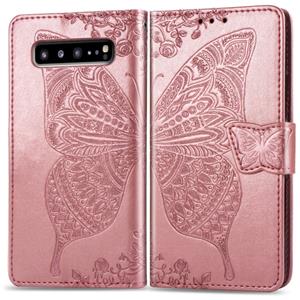 huismerk Butterfly Love bloemen reliëf horizontale Flip lederen case voor Galaxy S10 5G met houder & kaartsleuven & portemonnee & Lanyard (Rose goud)