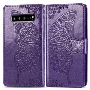 huismerk Butterfly Love bloemen reliëf horizontale Flip lederen case voor Galaxy S10 5G met houder & kaartsleuven & portemonnee & Lanyard (donker paars)