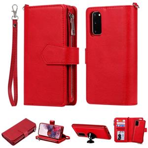 huismerk Voor Galaxy S20 2 in 1 Solid Color Zipper Shockproof Protective Case met Card Slots & Bracket & Photo Holder & Wallet Function(Red)