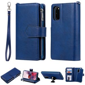 huismerk Voor Galaxy S20 2 in 1 Solid Color Zipper Shockproof Protective Case met Kaartsleuven & Beugel & Fotohouder & Wallet Functie(Blauw)