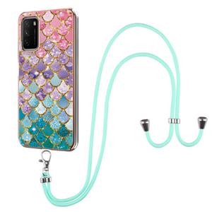 huismerk Voor Xiaomi POCO M3 / Redmi Note 9 4G Electroplating Pattern IMD TPU Schokbestendig Case met Neck Lanyard (kleurrijke schubben)