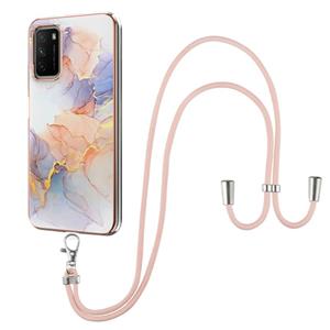 huismerk Voor Xiaomi POCO M3 / Redmi Note 9 4G Electroplating Pattern IMD TPU Schokbestendig Case met Neck Lanyard (Milky Way White Marble)