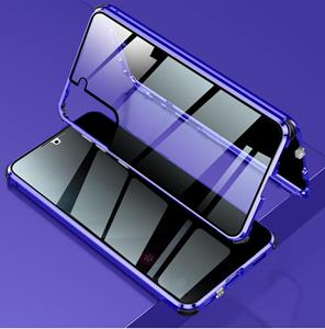 huismerk Voor Samsung Galaxy S21 5G Vierhoeks Schokbestendig Anti-glurend Magnetisch Metalen Frame Dubbelzijdig Gehard Glazen Hoesje (Blauw)