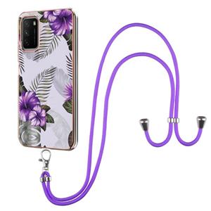 huismerk Voor Xiaomi POCO M3 / Redmi Note 9 4G Electroplating Pattern IMD TPU Shockproof Case met Neck Lanyard (Purple Flower)