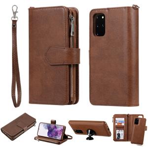 huismerk Voor Galaxy S20+ 2 in 1 Solid Color Zipper Shockproof Protective Case met Card Slots & Bracket & Photo Holder & Wallet Function(Brown)