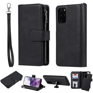 huismerk Voor Galaxy S20+ 2 in 1 Solid Color Zipper Shockproof Protective Case met Card Slots & Bracket & Photo Holder & Wallet Function(Black)